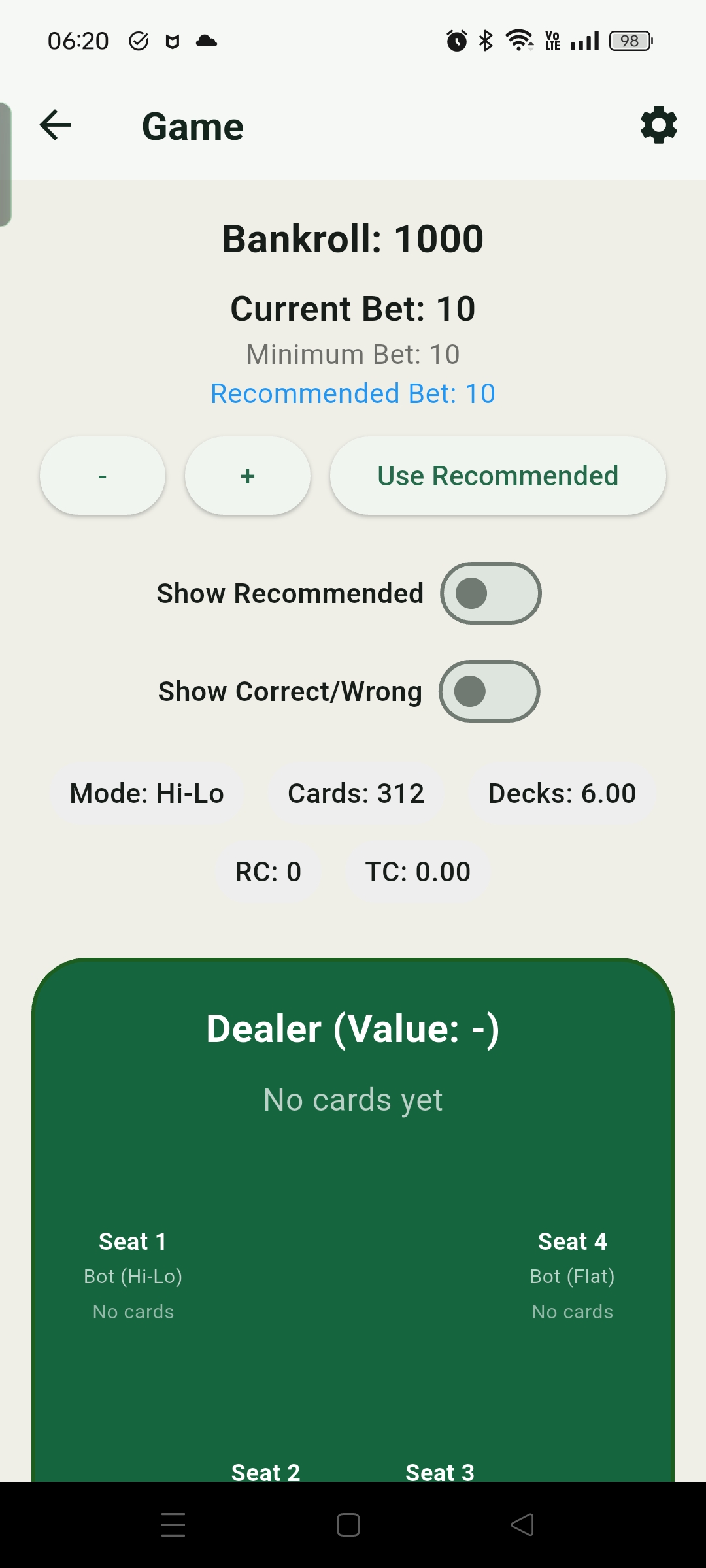 Game screen showing bet, strategy advice, cards remaining, Running Count, and True Count