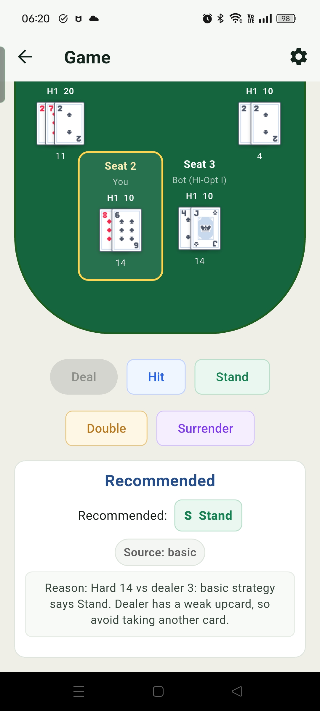 Game screen showing recommended decisions and reason explanations