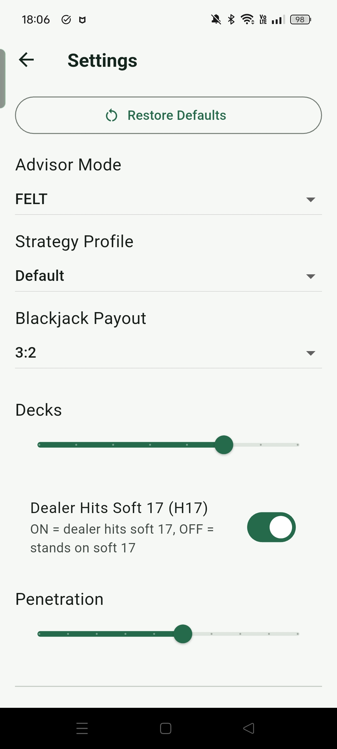 Game settings can adjust mode, custom strategy, Blackjack Payout, deck count, and penetration