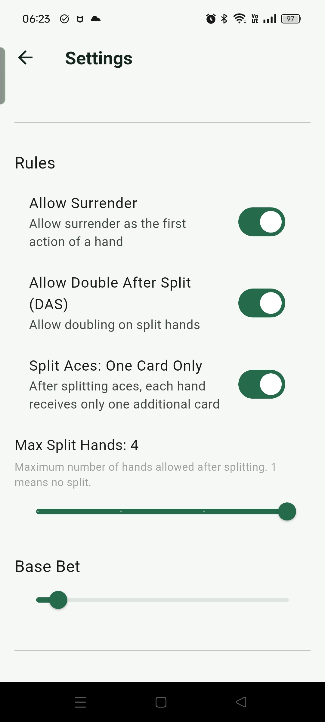 Game settings can adjust table rules and minimum bet
