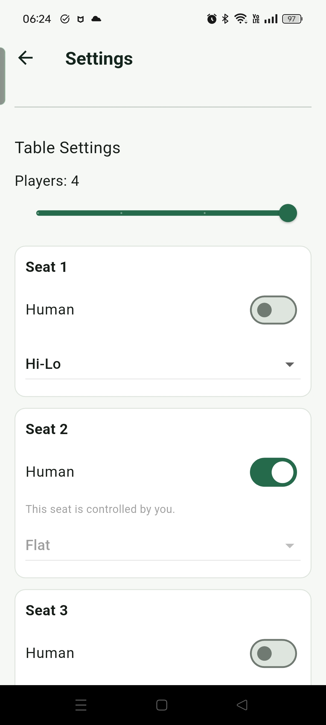 Game settings can adjust player count, seat, and player modes