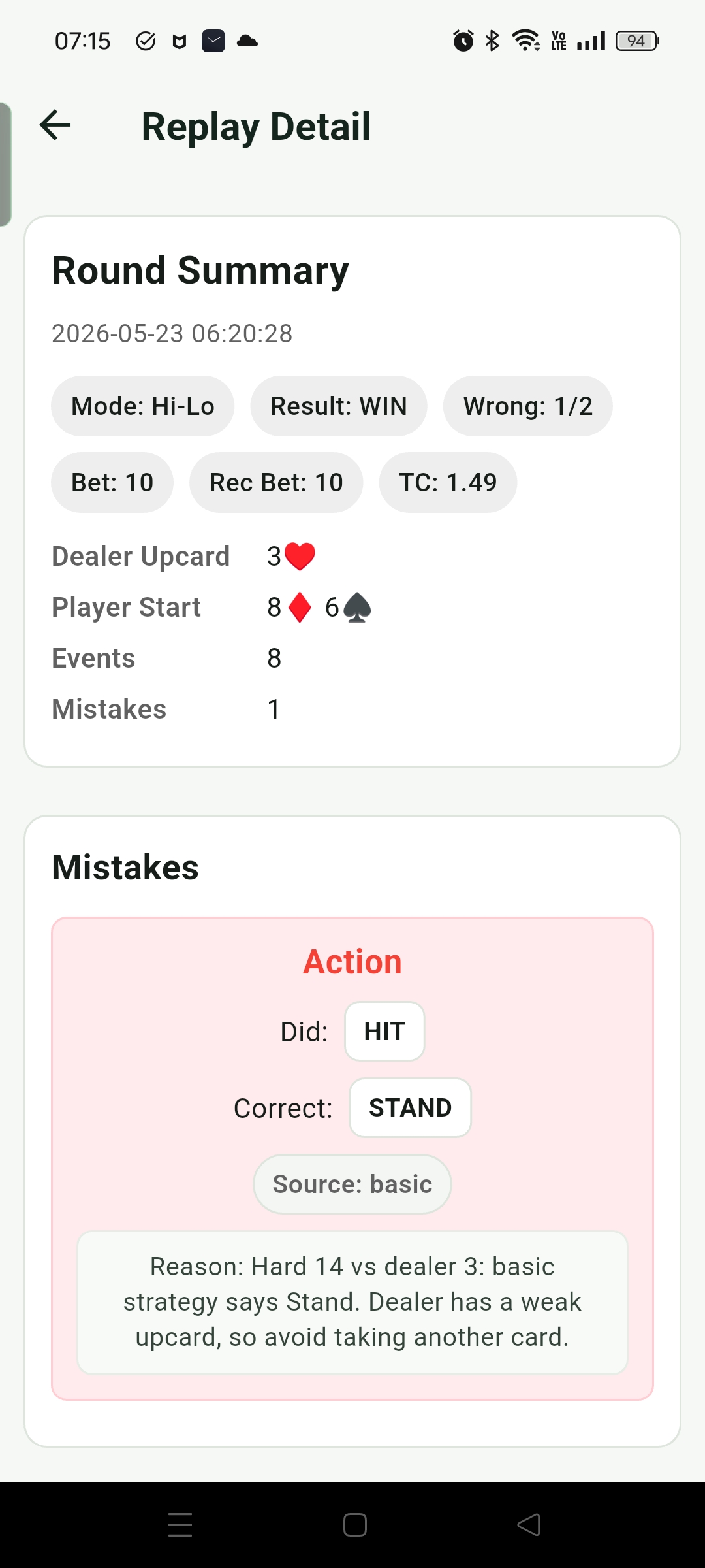 Replay detail page showing summary and mistake notes