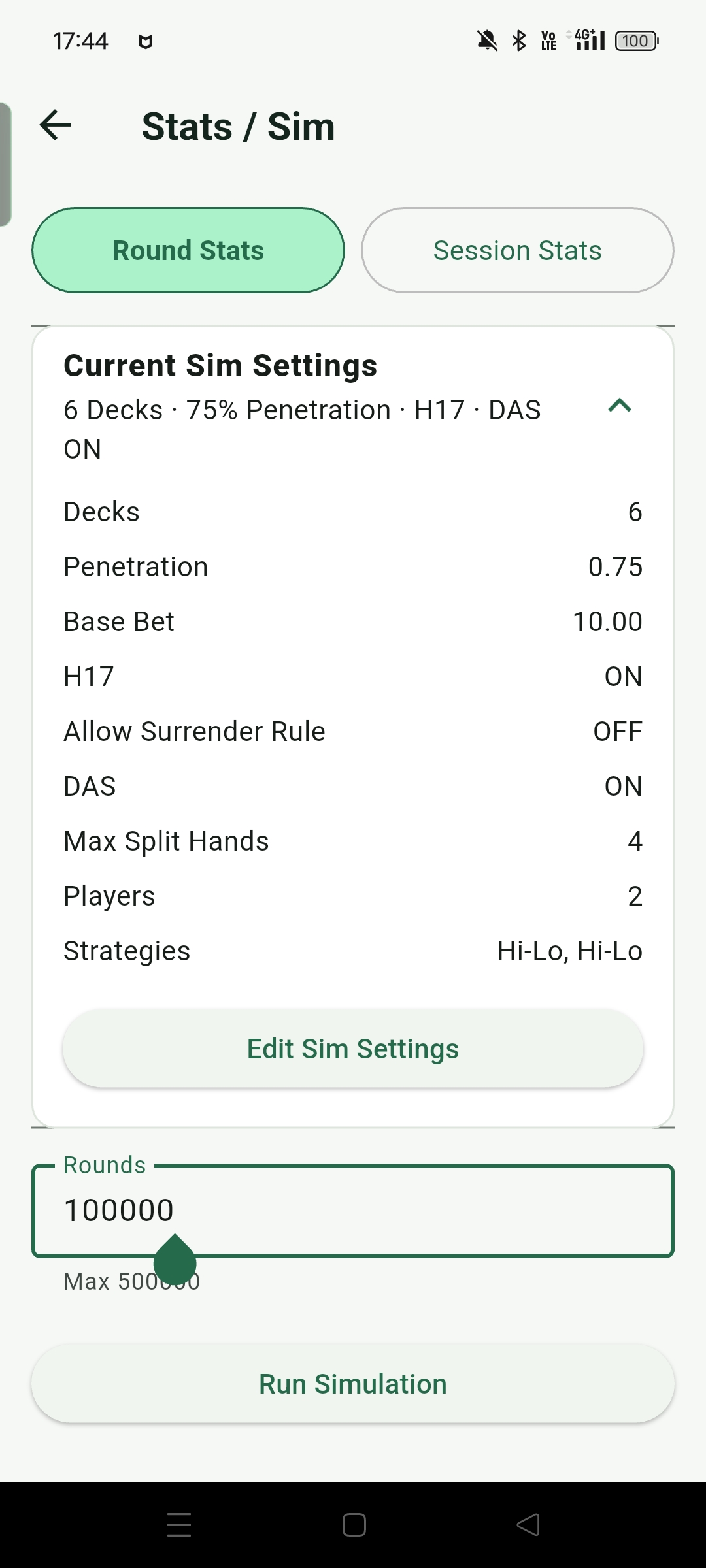 Round Stats can simulate up to 500,000 rounds with custom strategy and rules