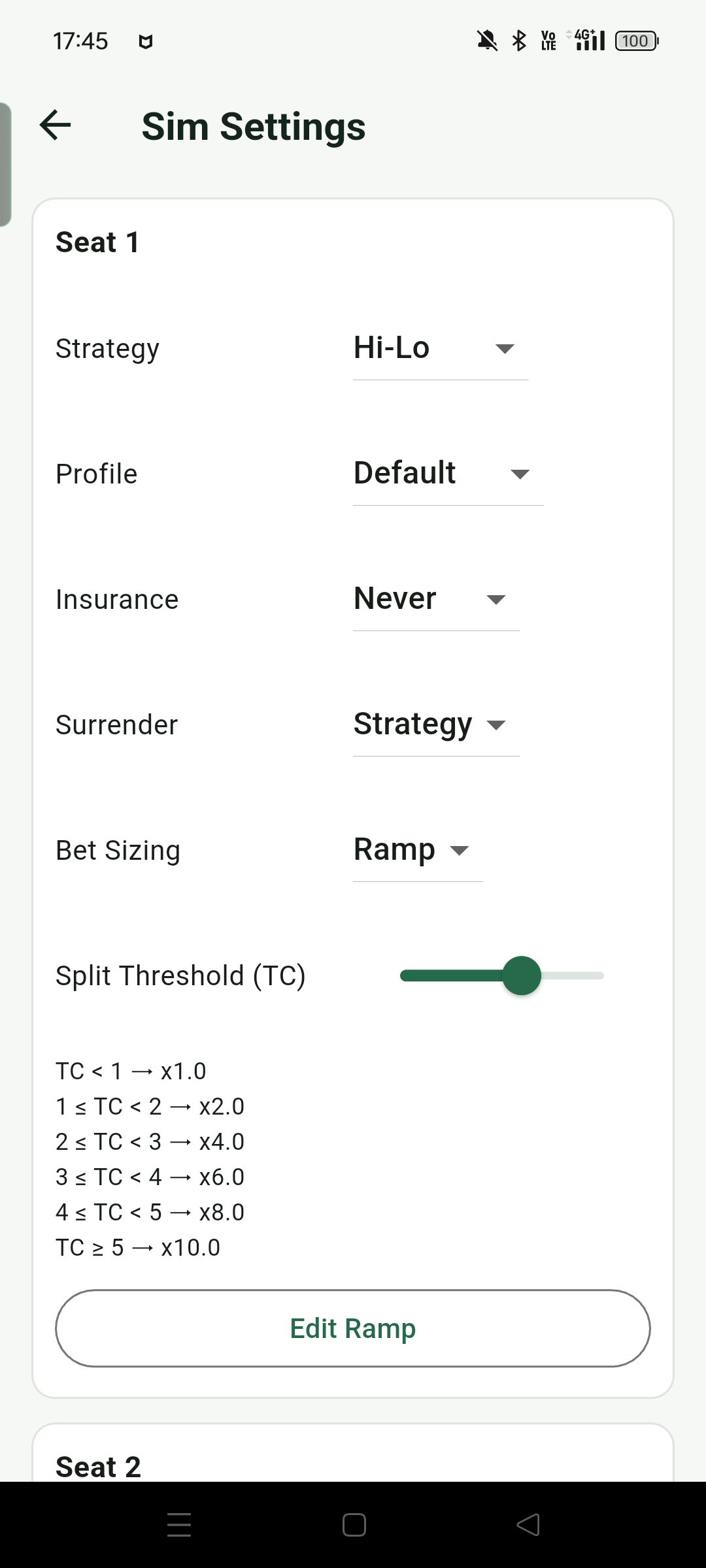 Round Stats can adjust seats, Split Threshold, and compare player strategies