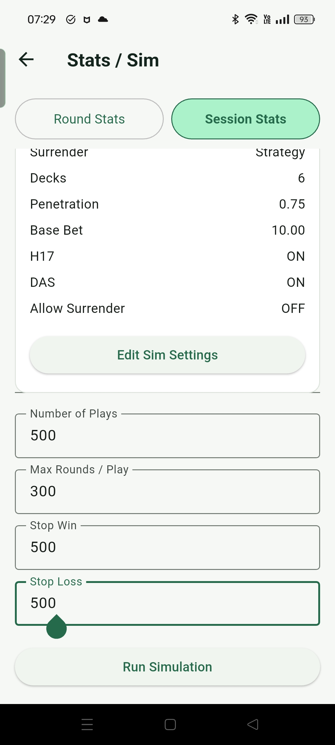 Session Stats can adjust session count, max rounds, stop loss, and stop win