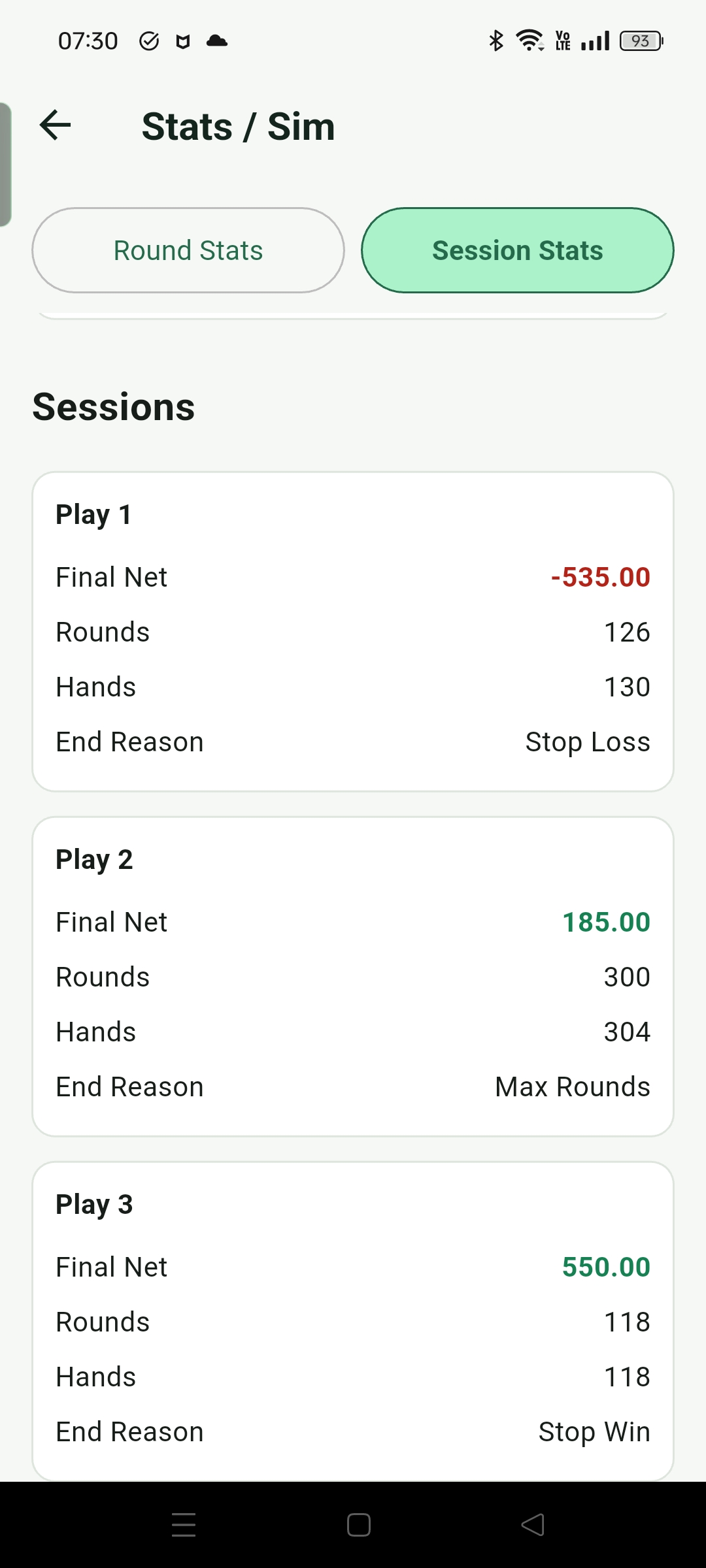 Session Stats showing a short summary for each session