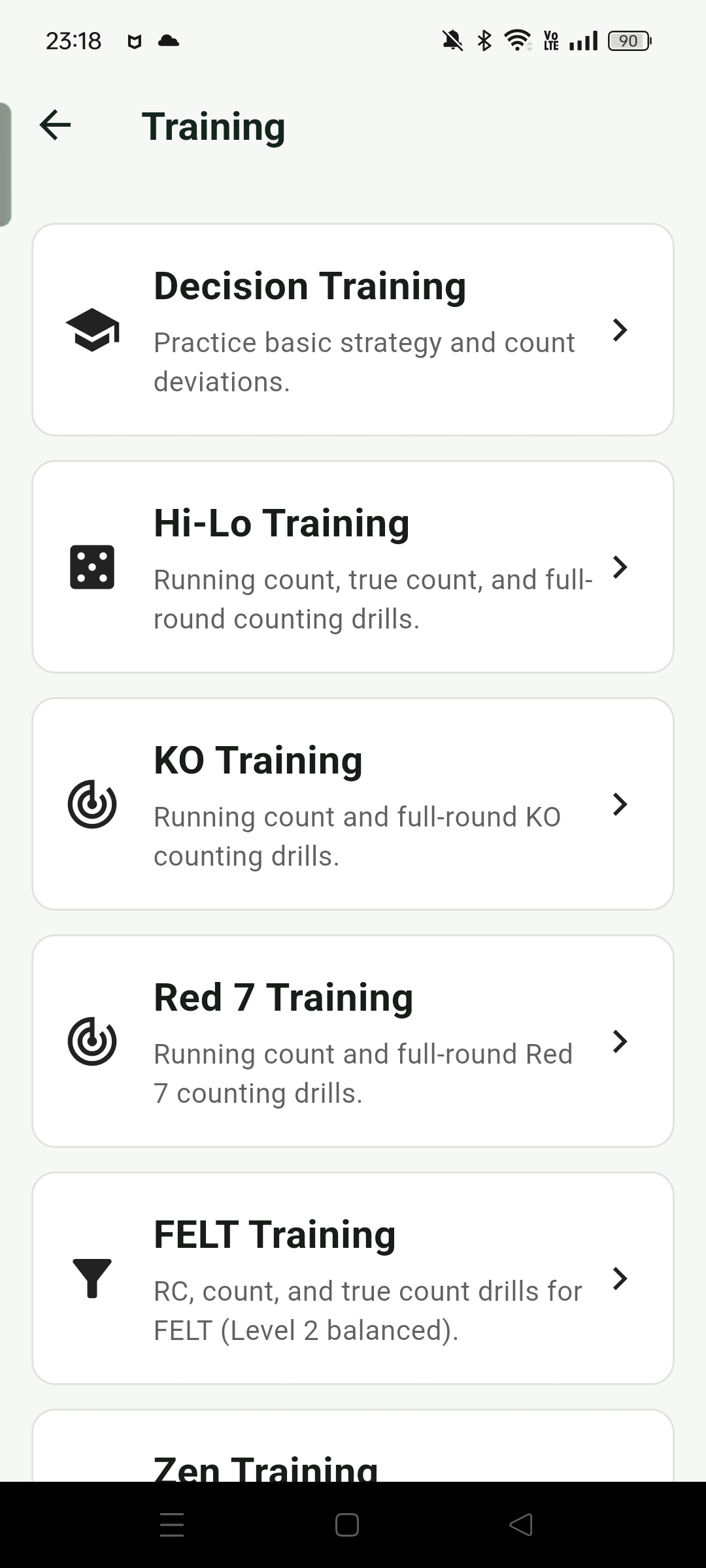 Training home showing Decision Training and individual system entries for Hi-Lo, KO, Red 7, FELT, and Zen as a card list