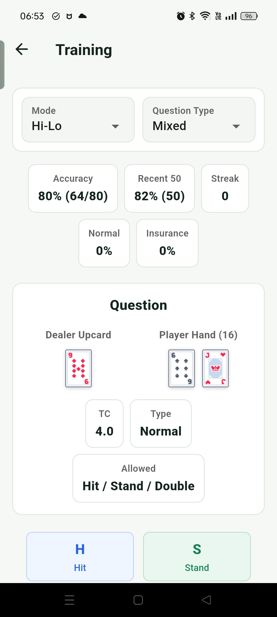 Decision Training can adjust mode and question type, then answer hand decisions