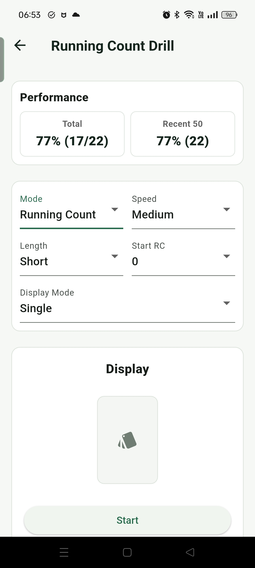 Running Count Drill can adjust mode, speed, length, starting RC, and display mode