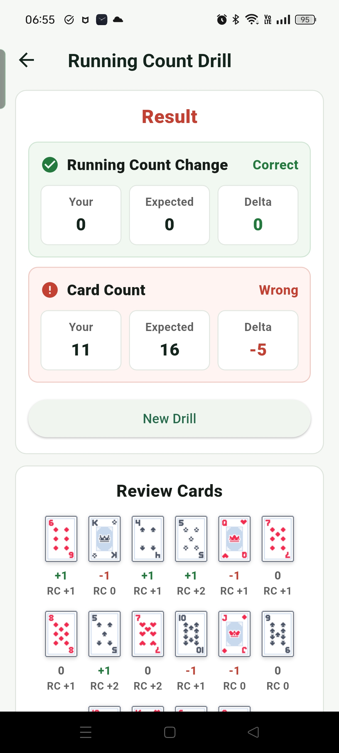 Running Count Drill result screen