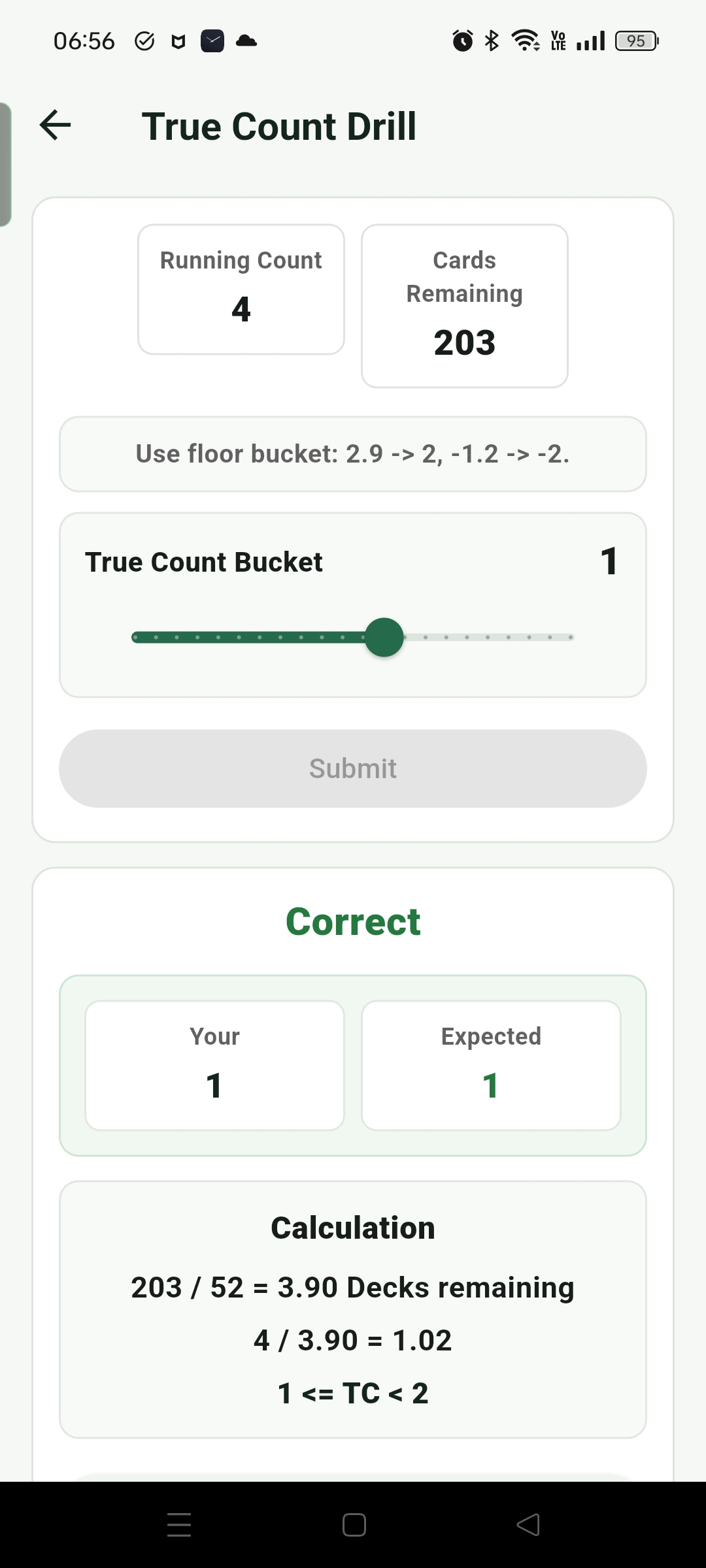 True Count Drill gives Running Count and cards remaining for the user to answer True Count